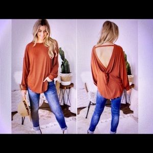 NWT Free People Shimmy Shake Open Back Top Rust Cowboy Small Long Sleeves OB1005